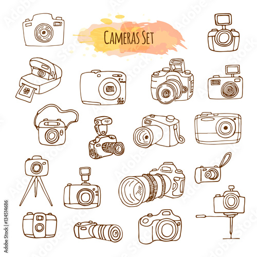 Photo Cameras Hand Drawn Illustrations. Vector Video Camera Design.