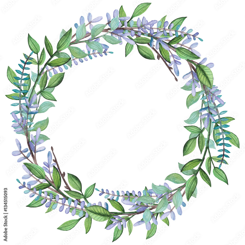 Wreath with Watercolor Violet Herbs and Green Leaves Wreath with Watercolor Violet Herbs and Green Leaves