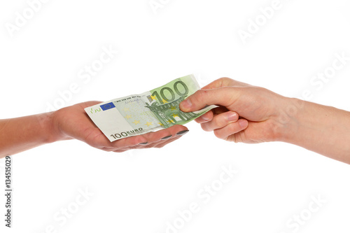 man hand give 100 euro banknote to woman hand isolated on white