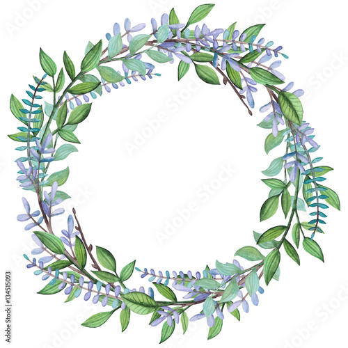 Wreath with Watercolor Violet Herbs and Green Leaves