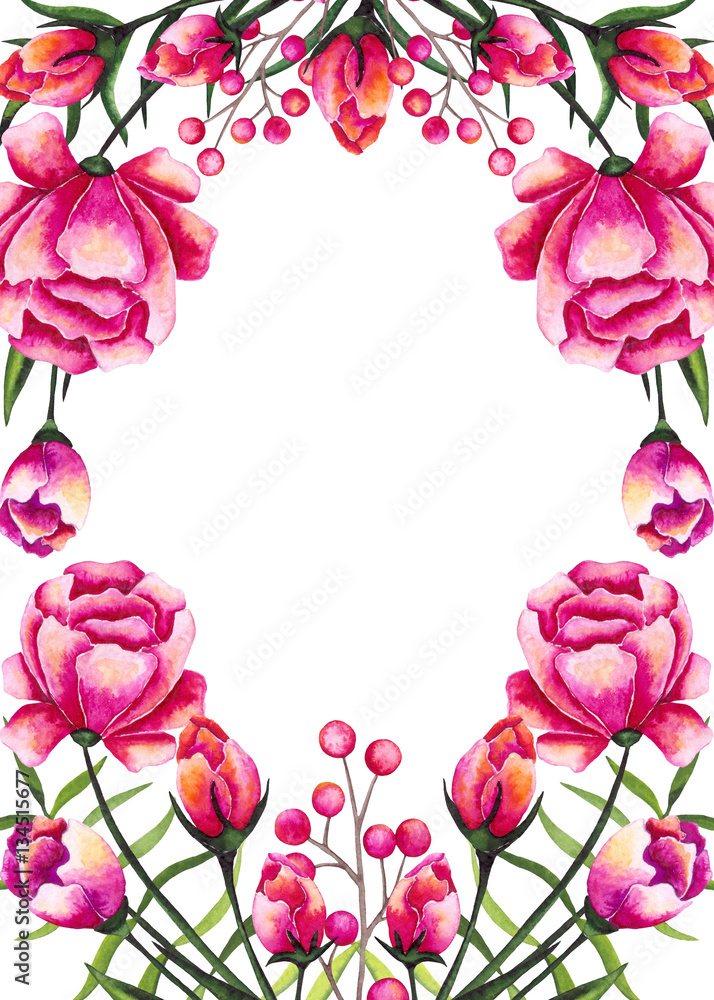 Frame with Watercolor Pink Berries and Roses
