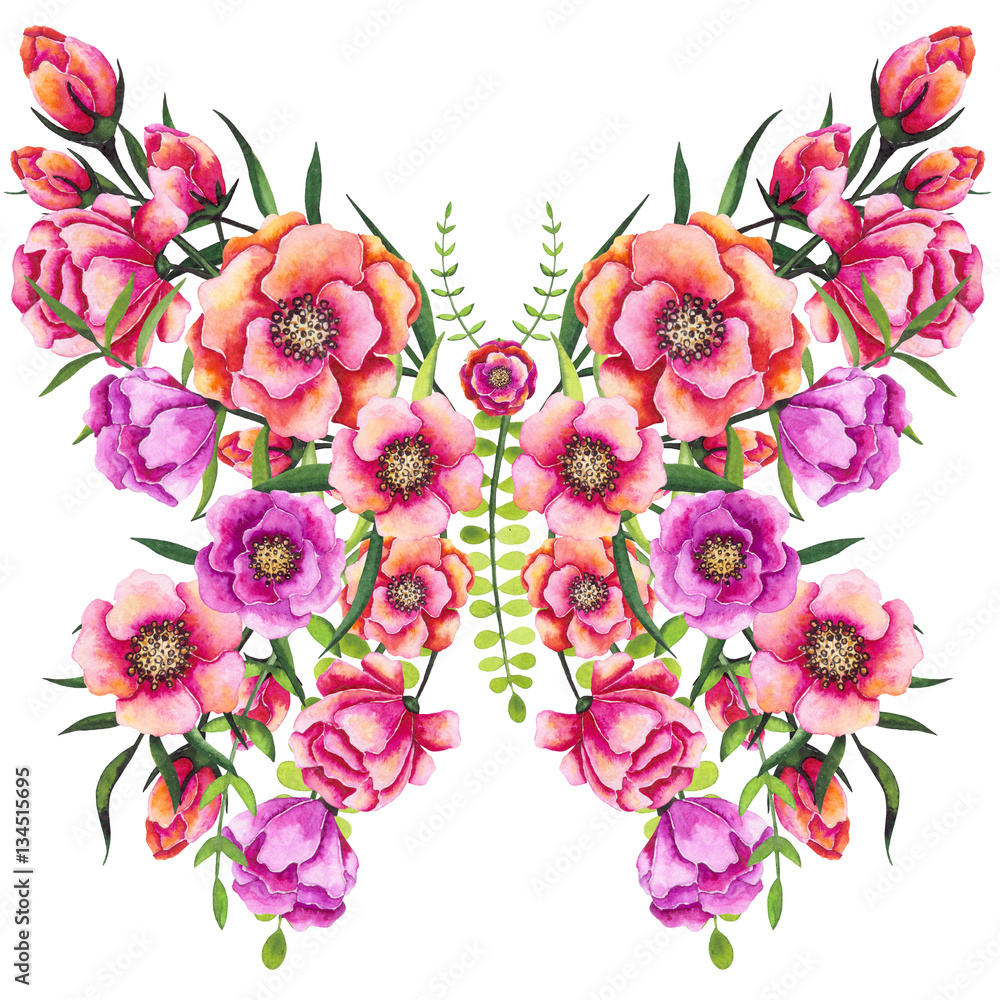 Floral Butterfly with Watercolor Red and Pink Flowers