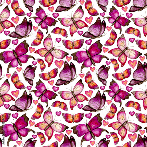 Seamless Pattern of Watercolor Pink and Red Butterflies