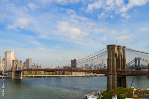 Brooklyn Bridge over East River viewed from New York City to Lower Manhattan