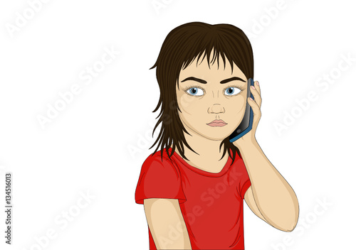 Little serious and angry girl talking on the phone while holding a mobile to the ear. 