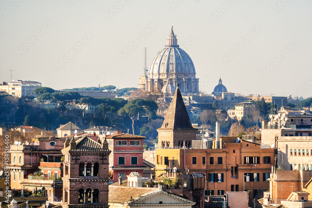 Skyline of Rome from Aventine Hill, Italy.