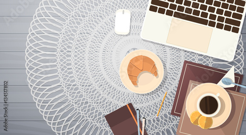 Break Coffee Cup Cake Table Top Angle View Banner Flat Vector Illustration