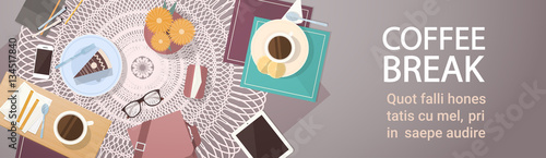 Break Coffee Cup Cake Table Top Angle View Banner Flat Vector Illustration