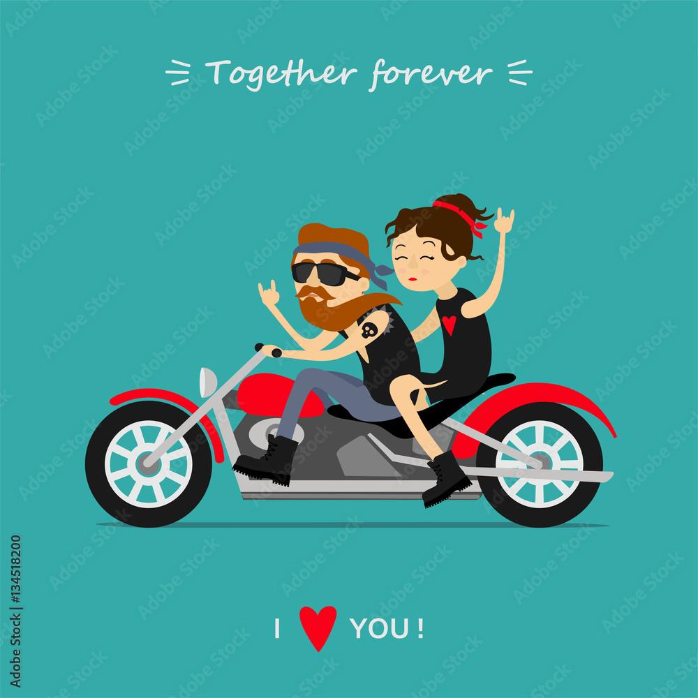 Valentine's day greeting card. Couple on the motorcycle. Together forever. I  love you Stock-Vektorgrafik | Adobe Stock