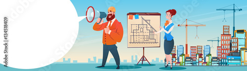 Builder Architect Workers Boss Hold Megaphone Present Architecture Drafting City Building Background Flat Vector Illustration
