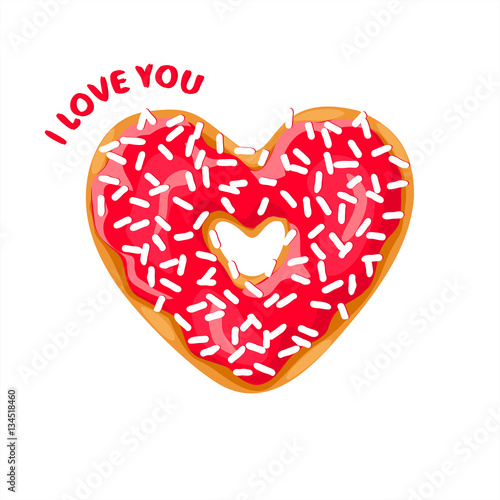 Valentine's Day card. Heart donut with red glaze on  white background