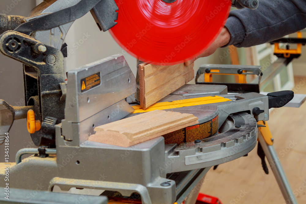 Circular Saw. Carpenter Using   for wood