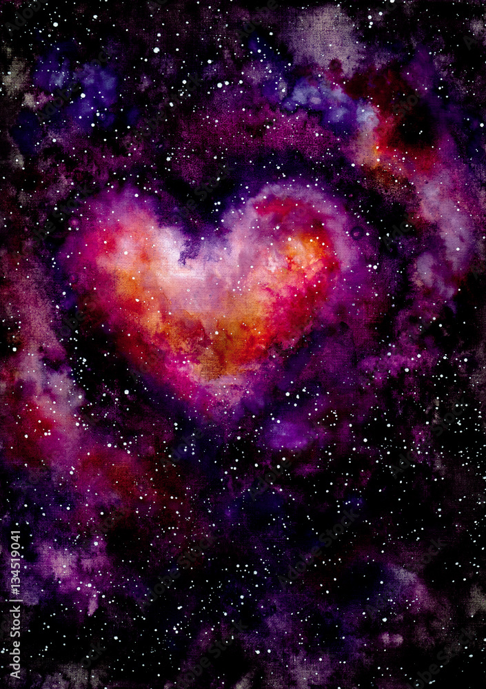Watercolor Illustration with Heart and Outer Space Watercolor Illustration with Heart and Outer Space