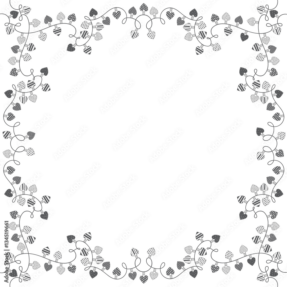 The square frame with garlands of love hearts. Vector illustration with space for text on white background.