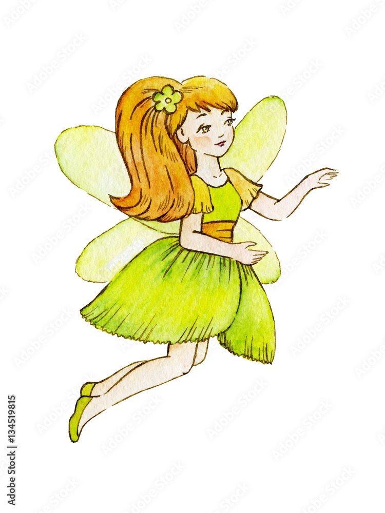 Fototapeta premium Little Cute Magic Fairy. Cute Girl in Light Dress. Watercolor illustration. Kids clipart