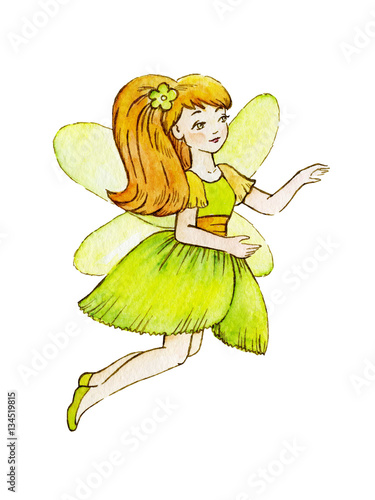 Little Cute Magic Fairy. Cute Girl in Light Dress. Watercolor illustration. Kids clipart