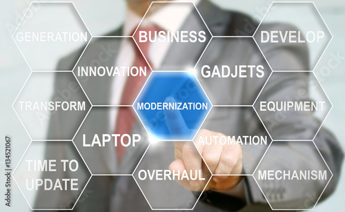 Fotografi Man presses transformation word cloud business concept