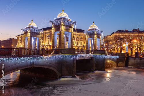 Saint Petersburg Lomonosov Bridge wiht Christmas illumination, R