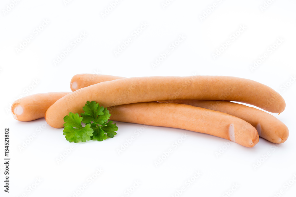 Wiener sausages on the white background.