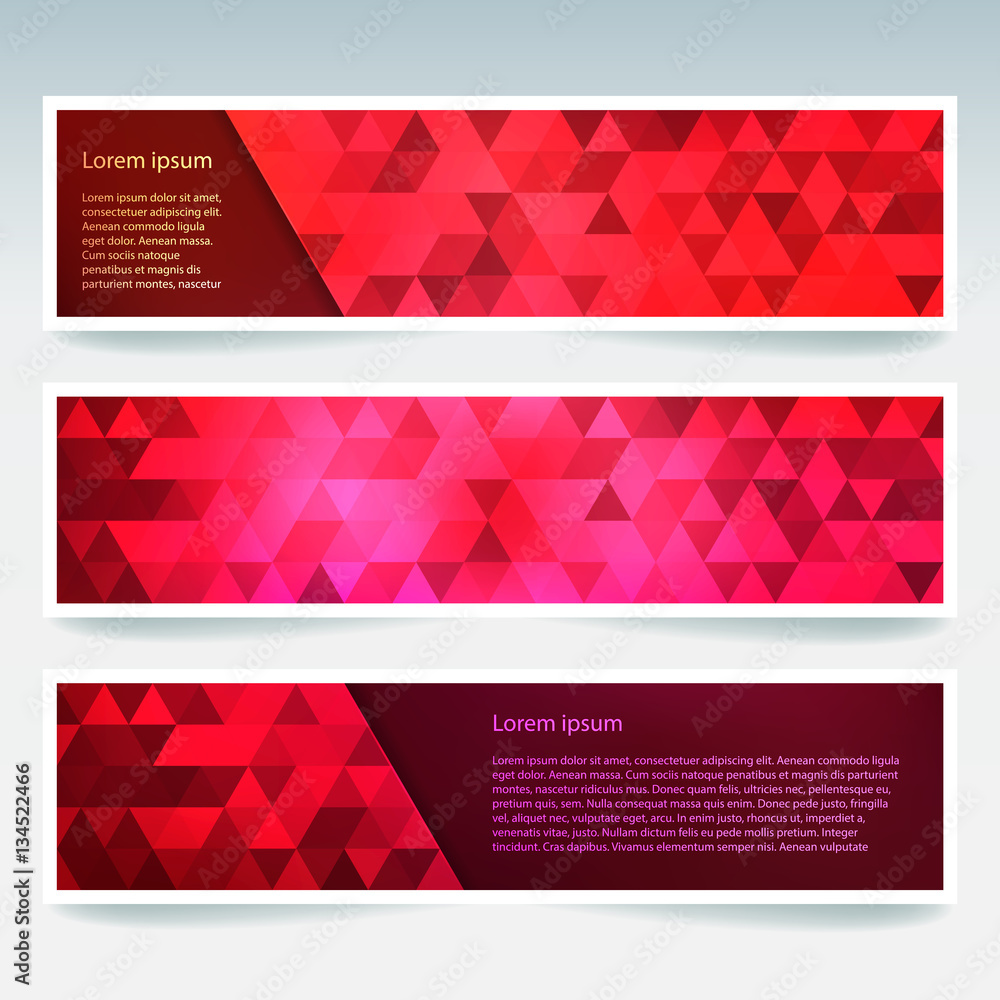 Fototapeta premium Vector banners set with red polygonal abstract triangles. Abstract polygonal low poly banners.