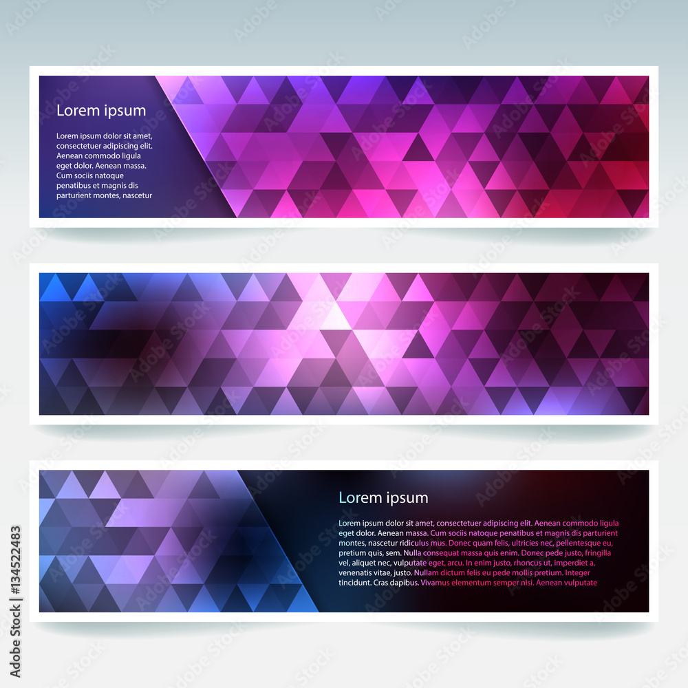 Vector banners set with dark purple polygonal abstract triangles. Abstract polygonal low poly banners. Vector banners set with dark purple polygonal abstract triangles. Abstract polygonal low poly banners.