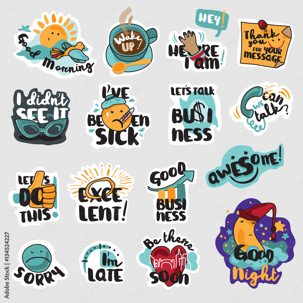 Set of flat design business stickers. Isolated vector illustrations for business communication, social network, social media, web design, business presentation, marketing material.
