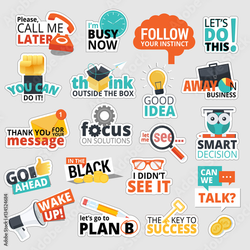 Set of flat design business stickers. Isolated vector illustrations for business communication, social network, social media, web design, business presentation, marketing material.