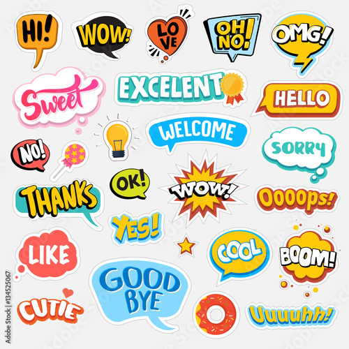 Set of flat design social network stickers. Isolated vector illustrations for online communication, networking, social media, web design, mobile message, chat,  marketing material.