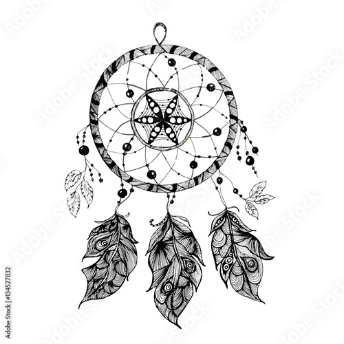 Indian Dream catcher in a sketch style. Vector illustration isolated on white background.