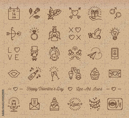 Retro Valentine Icon set, flat design line art thin style, Valentines day signs and love symbols. Trendy mono icons on a cardboard kraft paper background, Wedding infographics. Vector illustration