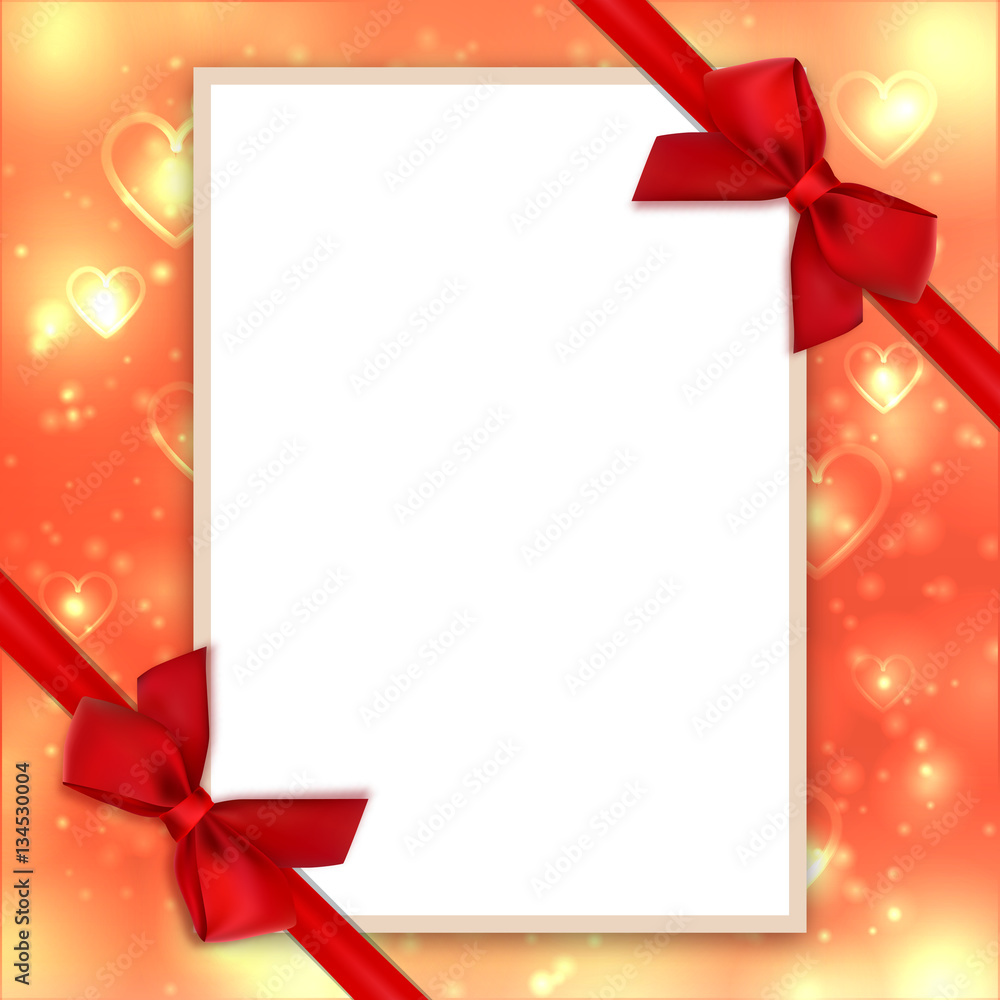 Mockup Valentines card, Empty blank A4 size, White postcard with red bows and ribbons. Valentine bright shiny gold background, love backdrop. Elements isolated and editable, Vector Mockup Valentines card, Empty blank A4 size, White postcard with red bows and ribbons. Valentine bright shiny gold background, love backdrop. Elements isolated and editable, Vector