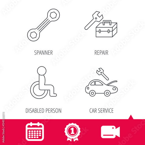 Achievement and video cam signs. Repair toolbox, spanner tool and car service icons. Disabled person linear sign. Calendar icon. Vector