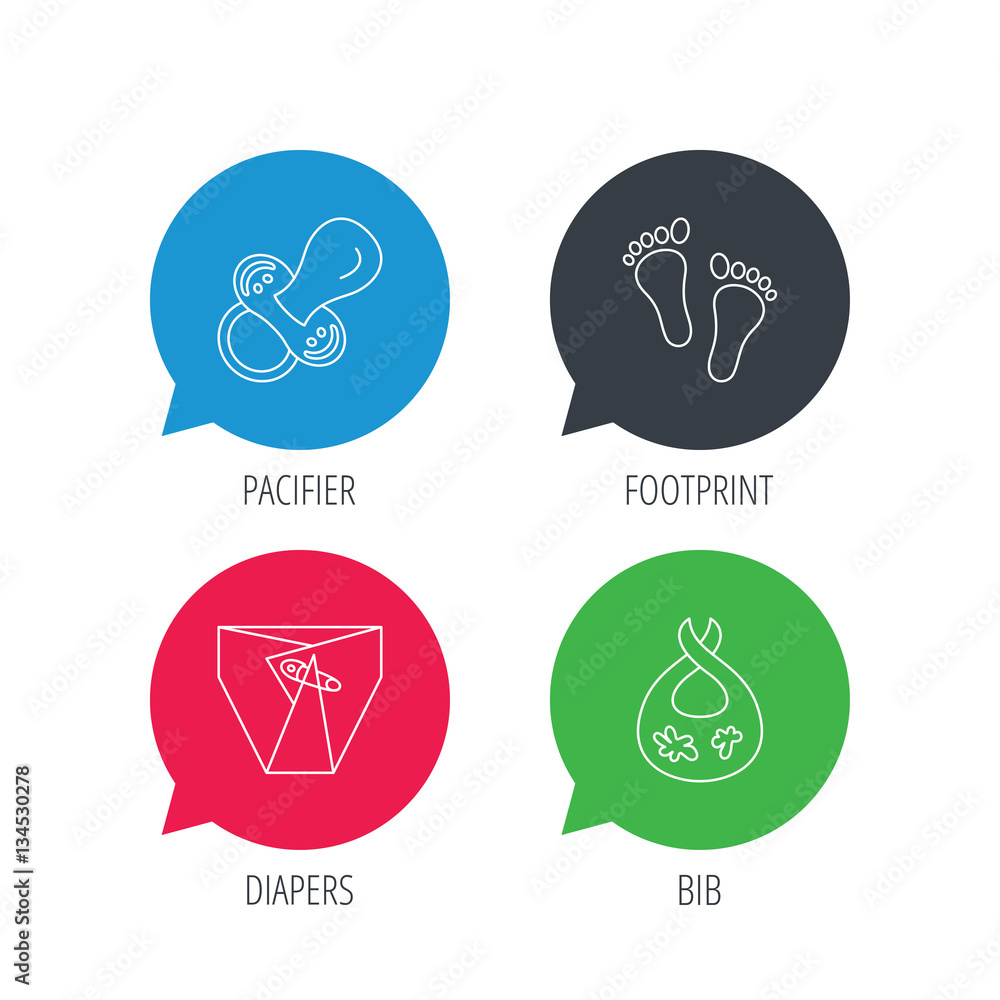 Colored speech bubbles. Pacifier, footprint and child diapers icons. Dirty bib linear sign. Flat web buttons with linear icons. Vector