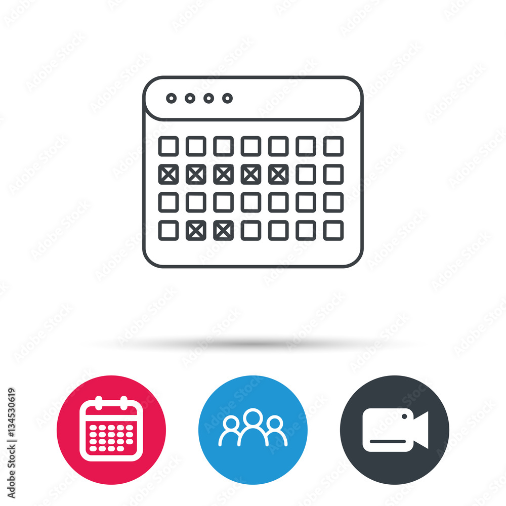 Calendar icon. Vacations organizer sign. Office reminder symbol. Group of people, video cam and calendar icons. Vector Calendar icon. Vacations organizer sign. Office reminder symbol. Group of people, video cam and calendar icons. Vector