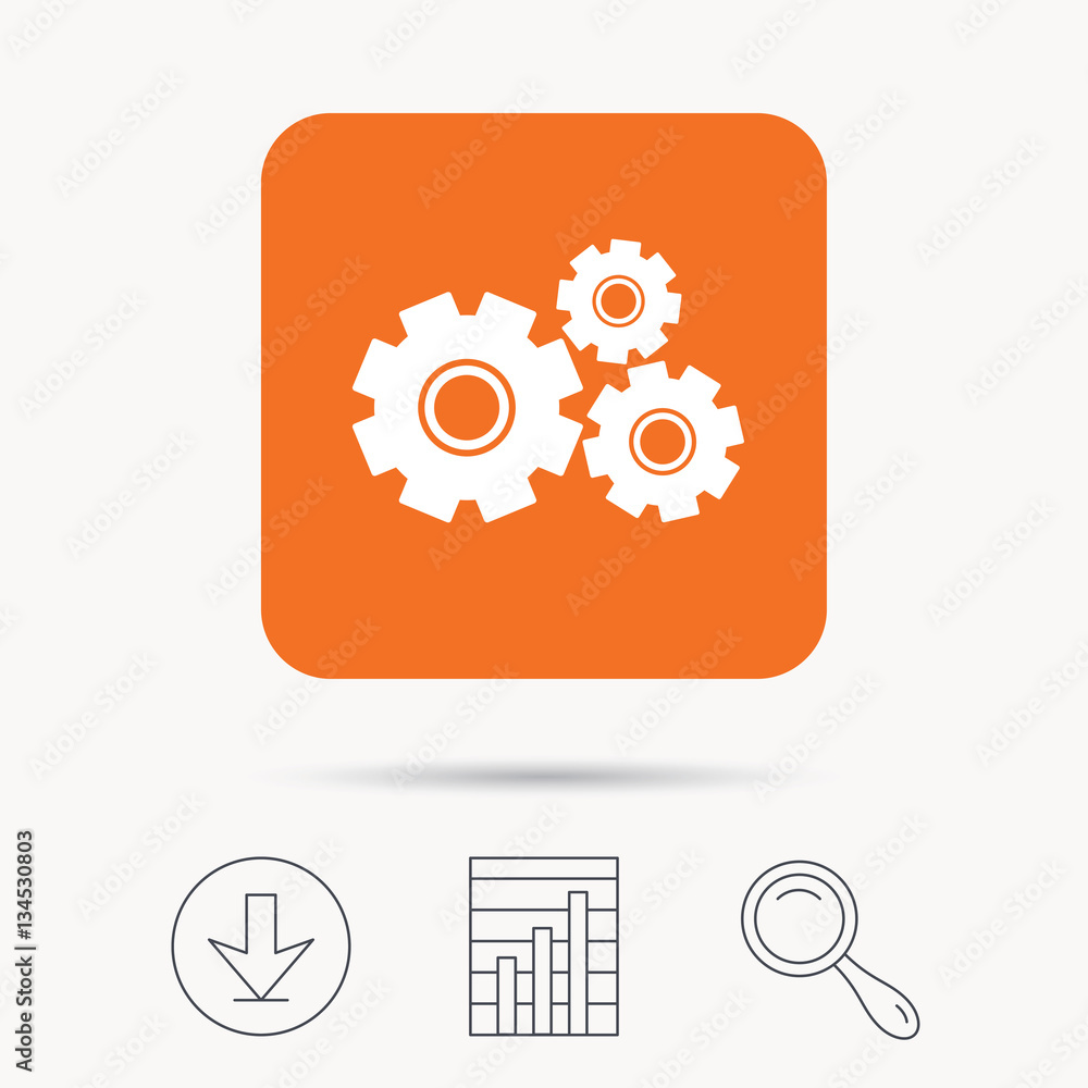 Cogwheels icon. Repair service symbol. Report chart, download and magnifier search signs. Orange square button with web icon. Vector Cogwheels icon. Repair service symbol. Report chart, download and magnifier search signs. Orange square button with web icon. Vector