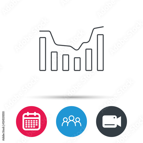 Dynamics icon. Statistic chart sign. Growth infochart symbol. Group of people, video cam and calendar icons. Vector