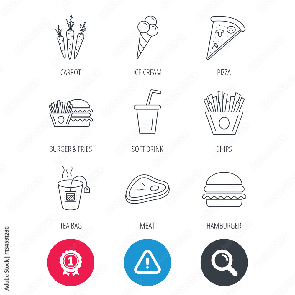 Achievement and search magnifier signs. Hamburger, pizza and soft drink icons. Tea bag, meat and chips fries linear signs. Ice cream, carrot icons. Hazard attention icon. Vector Achievement and search magnifier signs. Hamburger, pizza and soft drink icons. Tea bag, meat and chips fries linear signs. Ice cream, carrot icons. Hazard attention icon. Vector