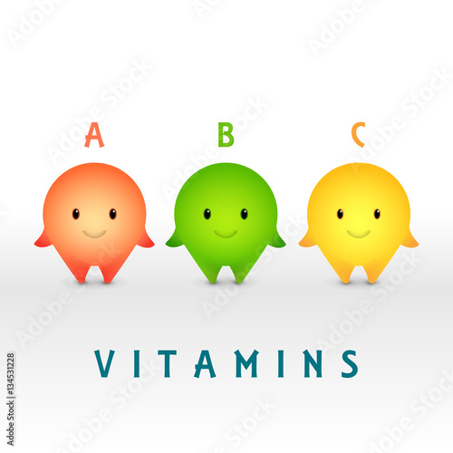 Cartoon characters. Vitamin pills for healthy lifestyle.