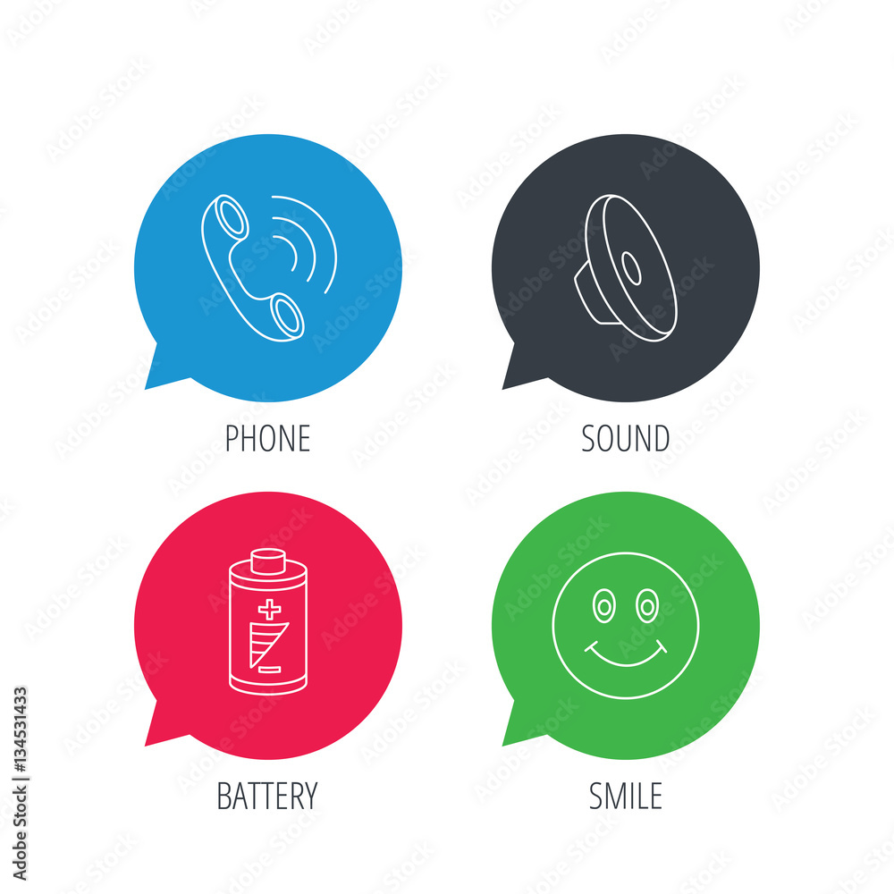Colored speech bubbles. Phone call, battery and sound icons. Smiling face linear sign. Flat web buttons with linear icons. Vector Colored speech bubbles. Phone call, battery and sound icons. Smiling face linear sign. Flat web buttons with linear icons. Vector