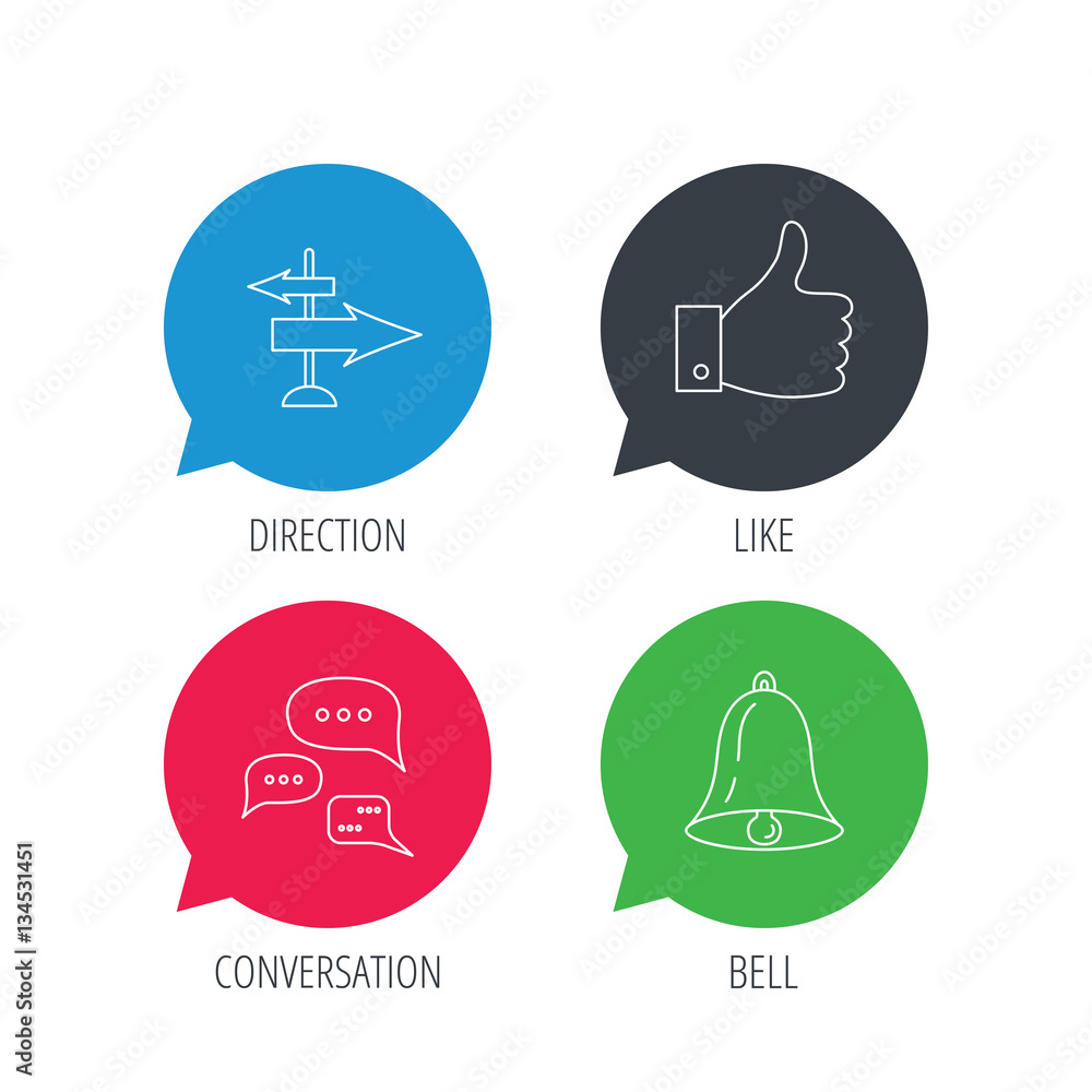 Colored speech bubbles. Direction, thumb up and conversation icons. Bell linear sign. Flat web buttons with linear icons. Vector Colored speech bubbles. Direction, thumb up and conversation icons. Bell linear sign. Flat web buttons with linear icons. Vector
