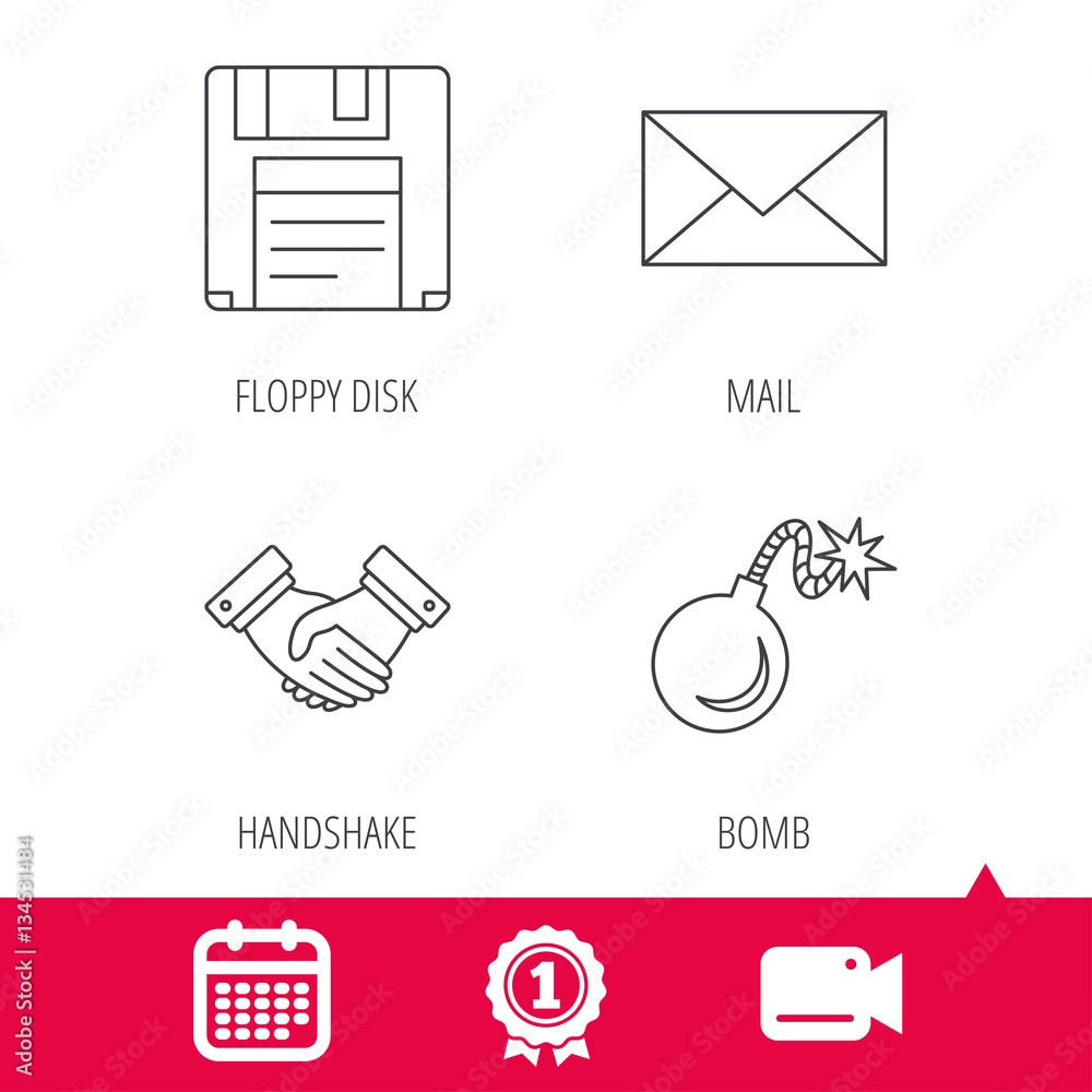 Obraz premium Achievement and video cam signs. Mail, bomb and handshake icons. Floppy disk linear sign. Calendar icon. Vector