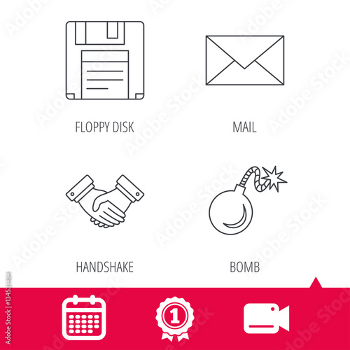 Achievement and video cam signs. Mail, bomb and handshake icons. Floppy disk linear sign. Calendar icon. Vector