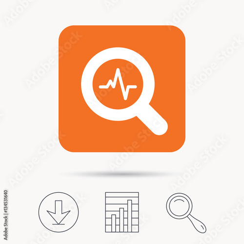 Heartbeat in magnifying glass icon. Cardiology symbol. Medical pressure sign. Report chart, download and magnifier search signs. Orange square button with web icon. Vector