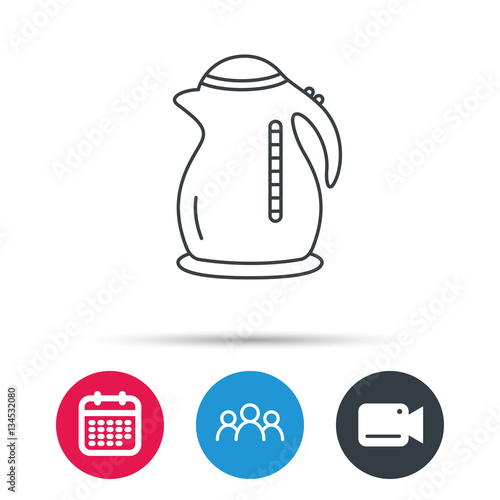 Kettle icon. Kitchen teapot sign. Group of people, video cam and calendar icons. Vector