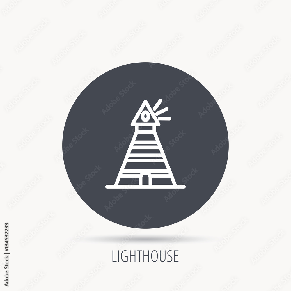 Lighthouse icon. Searchlight signal sign. Coast tower symbol. Round web button with flat icon. Vector Lighthouse icon. Searchlight signal sign. Coast tower symbol. Round web button with flat icon. Vector