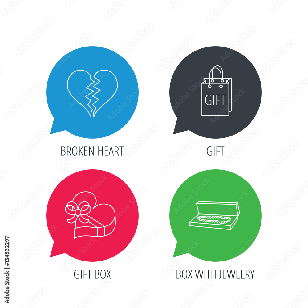 Colored speech bubbles. Broken heart, gift box and wedding jewelry icons. Box with jewelry linear sign. Flat web buttons with linear icons. Vector Colored speech bubbles. Broken heart, gift box and wedding jewelry icons. Box with jewelry linear sign. Flat web buttons with linear icons. Vector