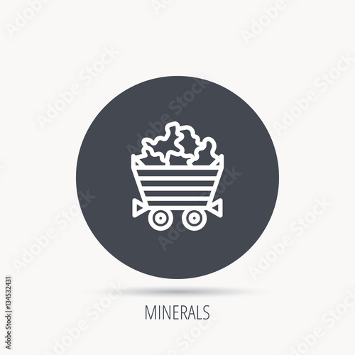 Minerals icon. Wheelbarrow with jewel gemstones sign. Round web button with flat icon. Vector