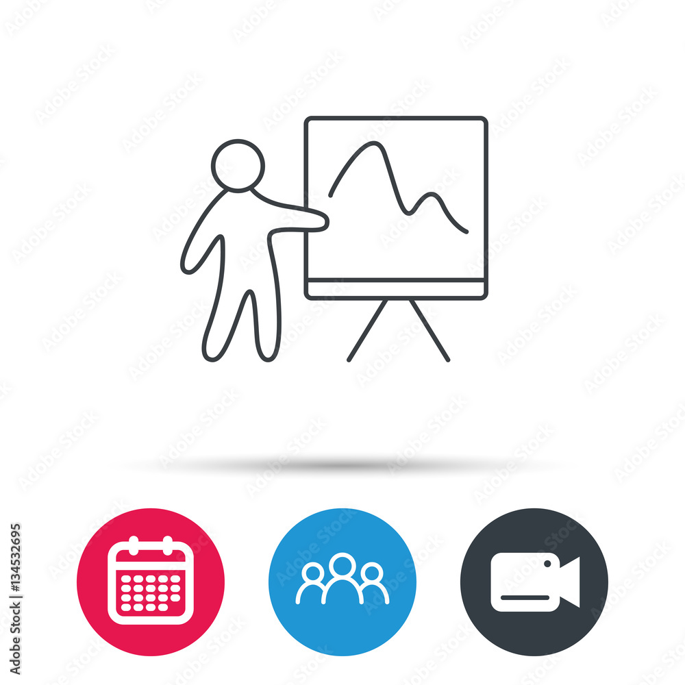 Presentation icon. Statistics chart sign. Group of people, video cam and calendar icons. Vector Presentation icon. Statistics chart sign. Group of people, video cam and calendar icons. Vector