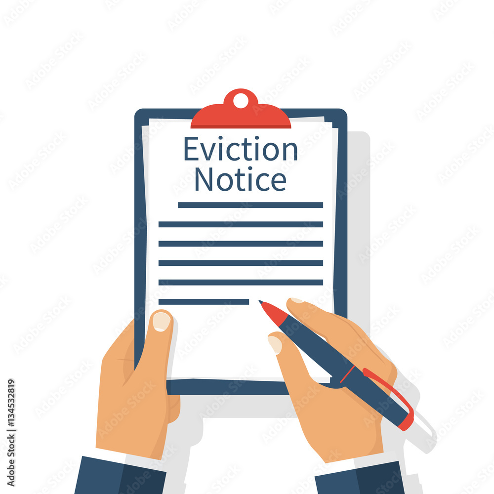 eviction notice form clipboard in hands businessman write legal documents vector illustration flat design isolated on white background stock vector adobe stock