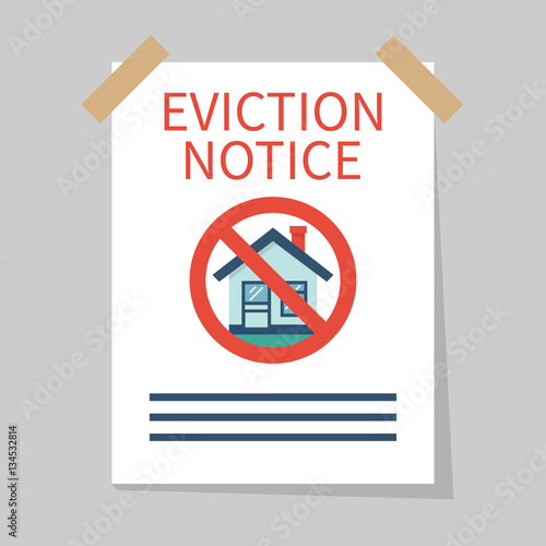 Eviction notice, white sheet on wall. Stop sign at the entrance. Do not open the door. Form vector illustration flat design. Isolated background.